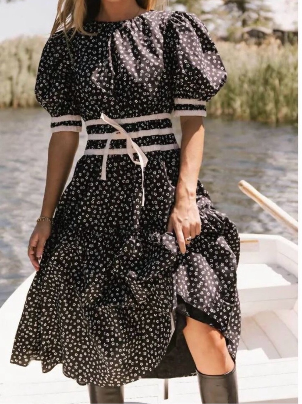 Bohme Dress Women's Large Black Kendra Ditsy Floral Midi Puff Sleeve like new